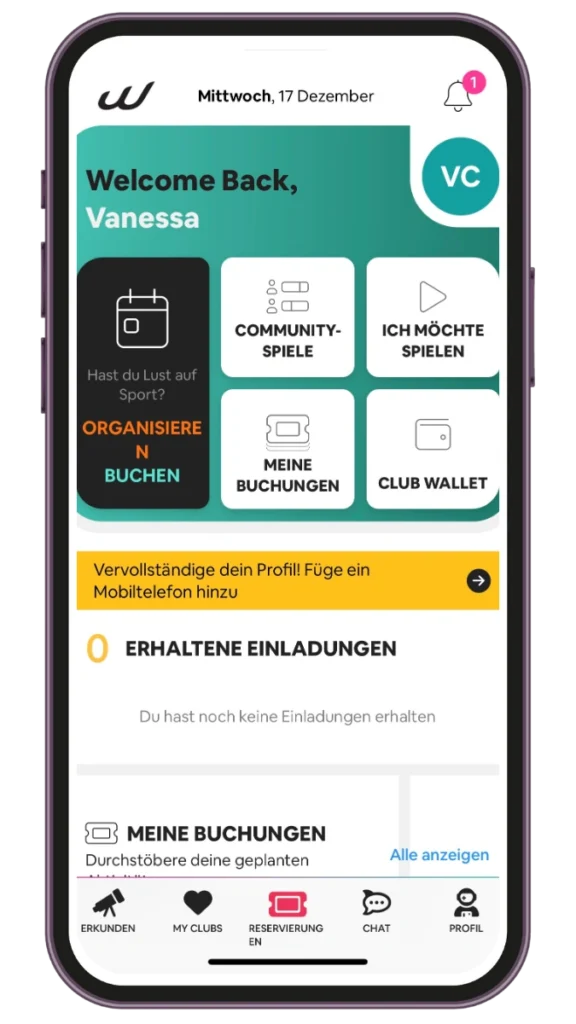 Screenshot der Arena One App zur Platzbuchung